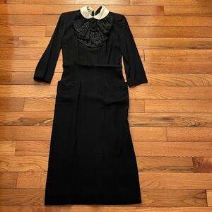 Vintage Brown Dress Original - Black Dress with White Collar & Bedazzled Neck XS